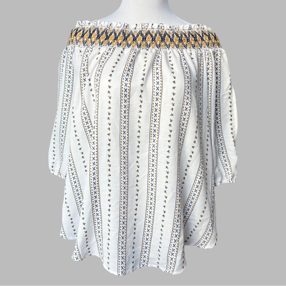 J By J.O.A Smocked Off Shoulder Floral Striped White Top. White, blue, & yellow - Picture 5 of 10